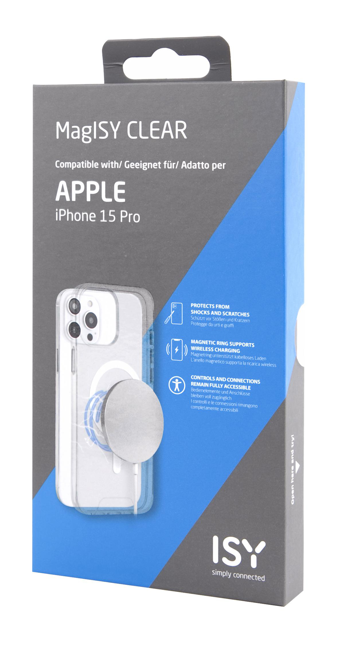 Eine Telefonhüllenbox mit einer Telefonhülle darin wird gezeigt. Die Box ist blau und schwarz.