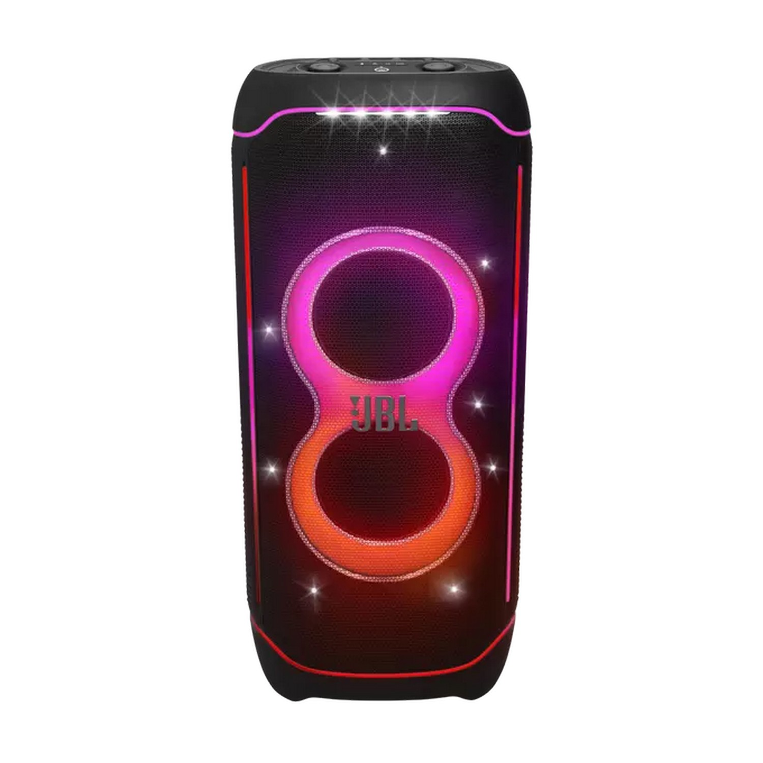 A black JBL speaker with a vibrant orange and purple light display.