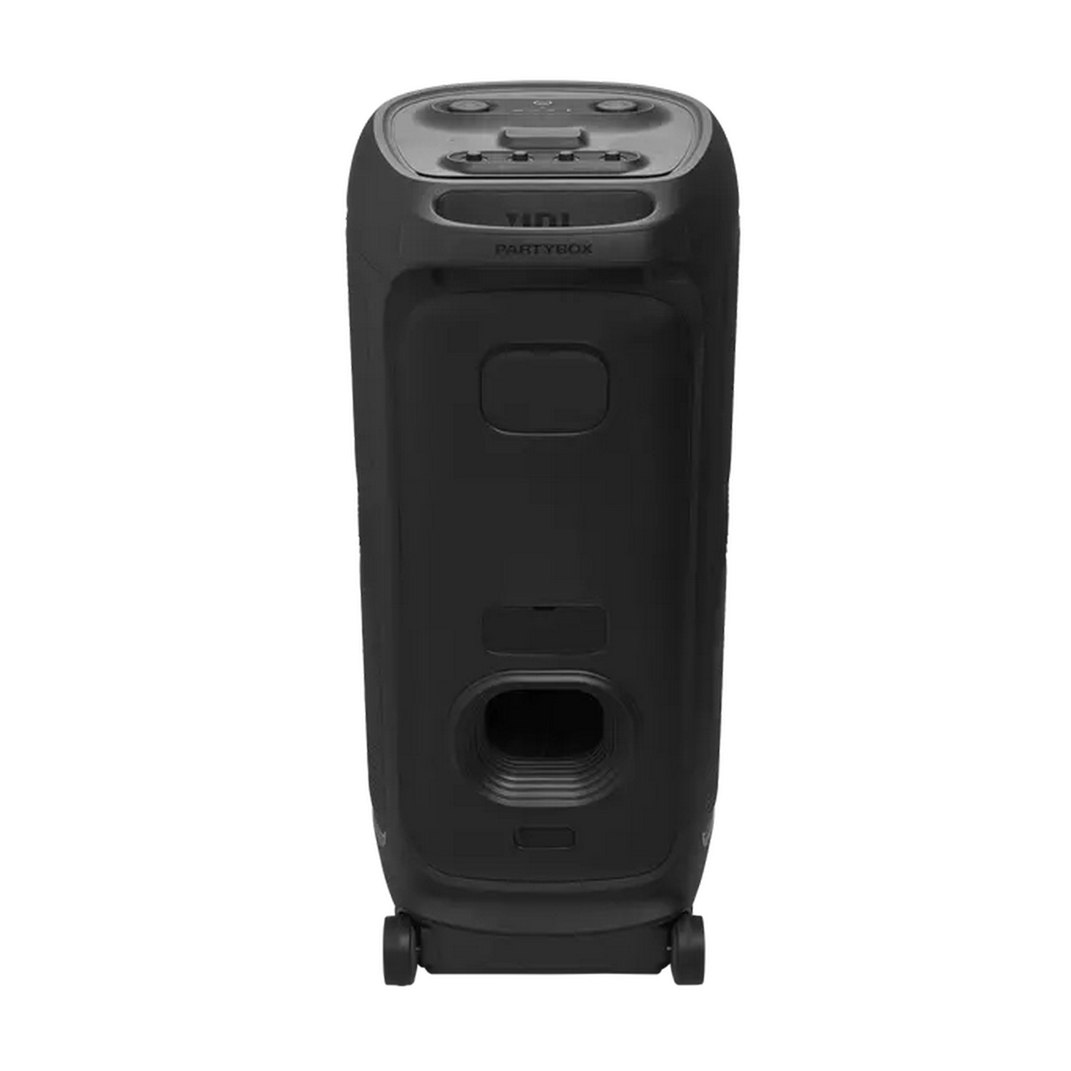 A black, rectangular speaker with wheels is shown from the back. It has a large central port.