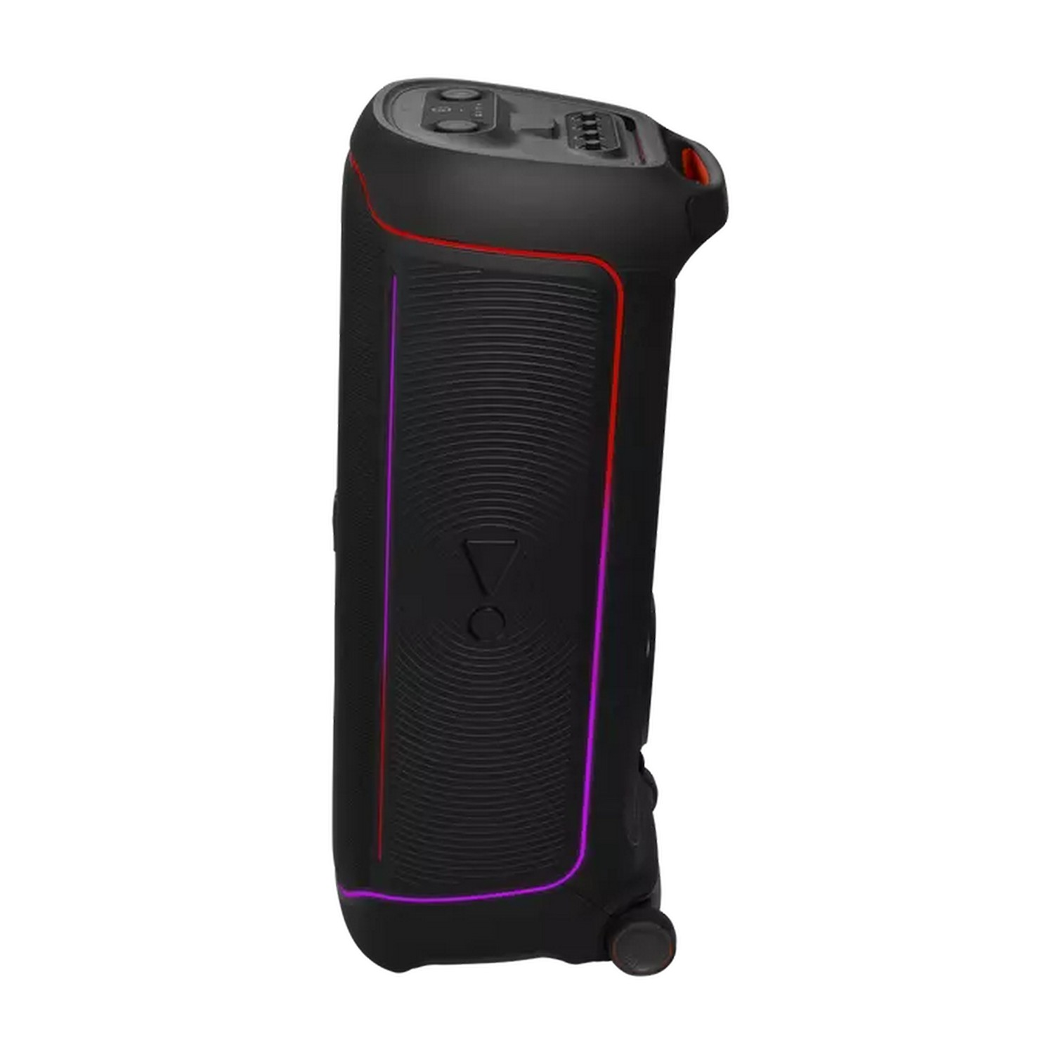 Black tall speaker with colorful lights. Side view. White background.
