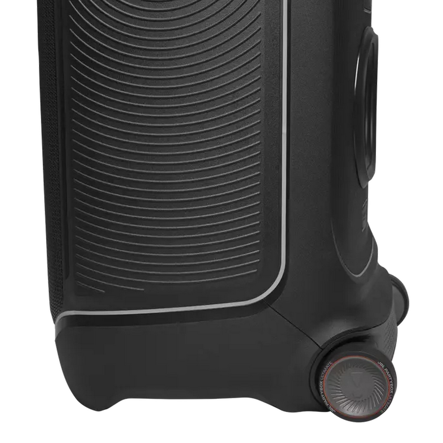 Black speaker with curved lines and a wheel on a white background.