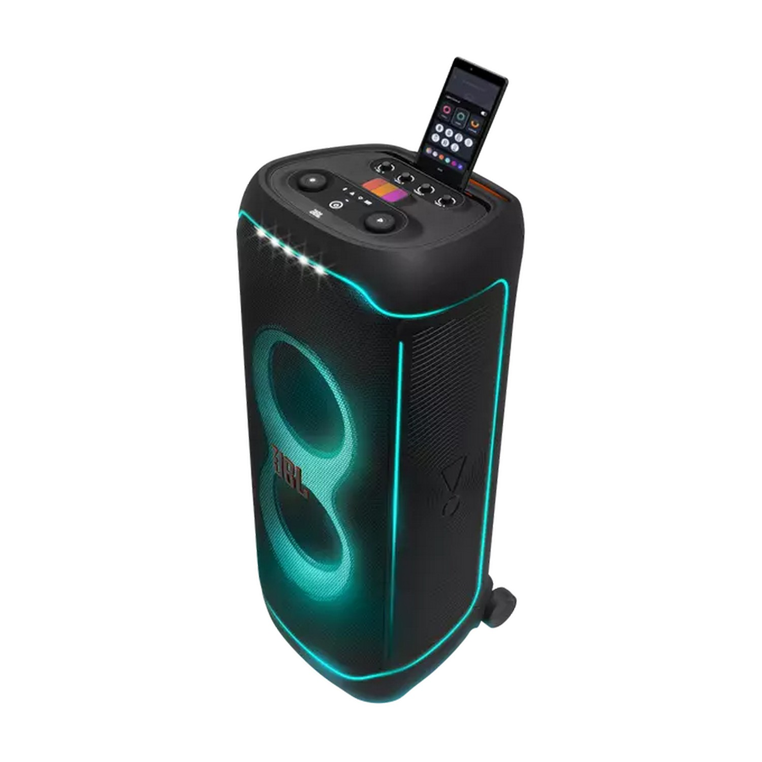 Black speaker with glowing teal accents, a phone rests on top. The background is white.