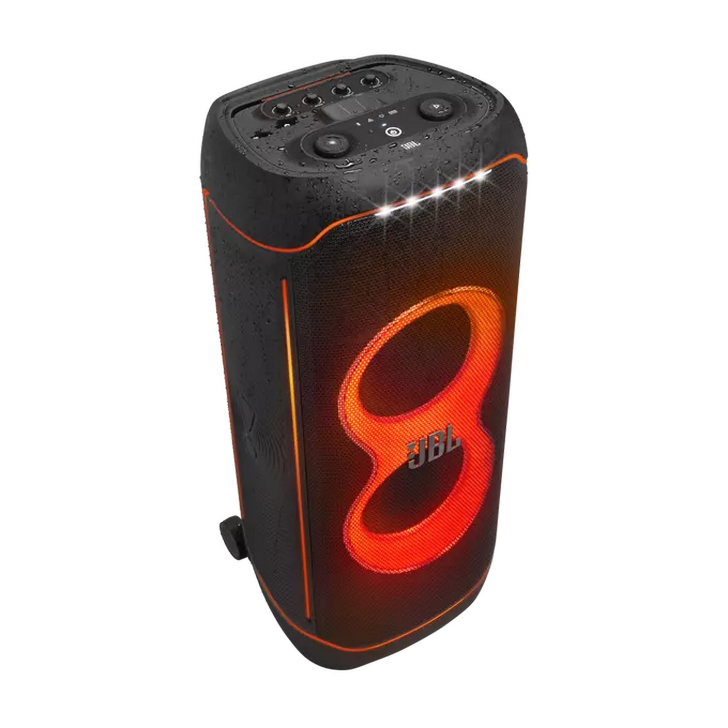 Black JBL speaker with orange light ring and top controls, angled view, white background.