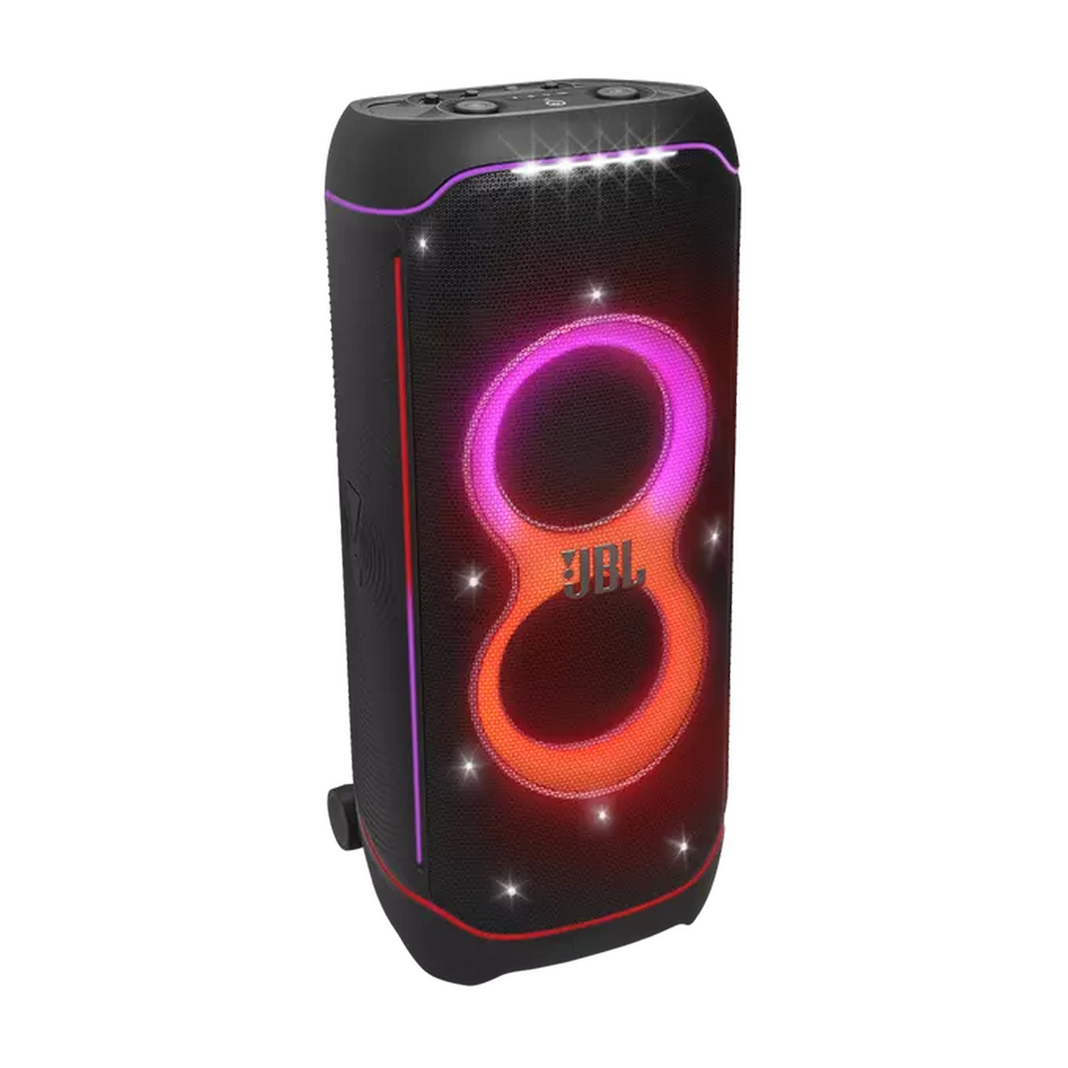A black JBL speaker with glowing lights in a studio setting.