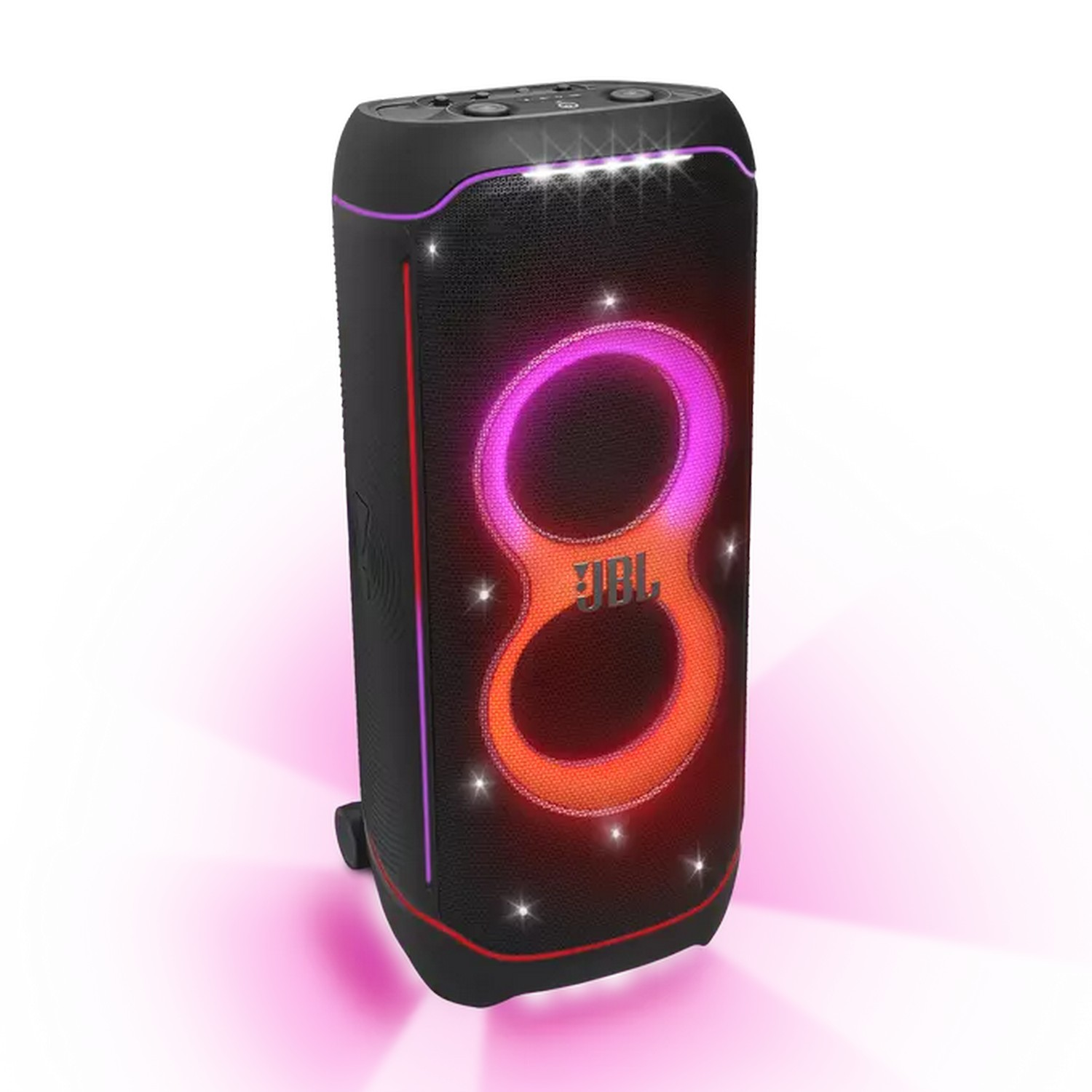 A black JBL speaker with a pink glowing ring around the JBL logo and pink accents.
