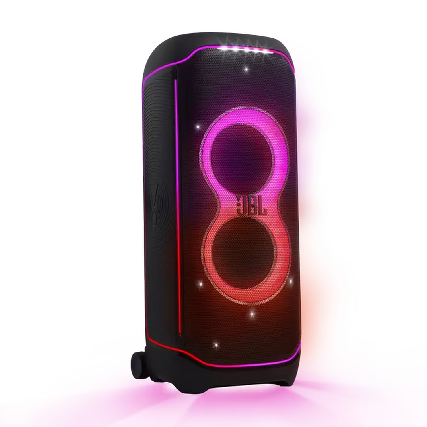 A black JBL speaker with colorful lights in a gradient pattern, on a white background.