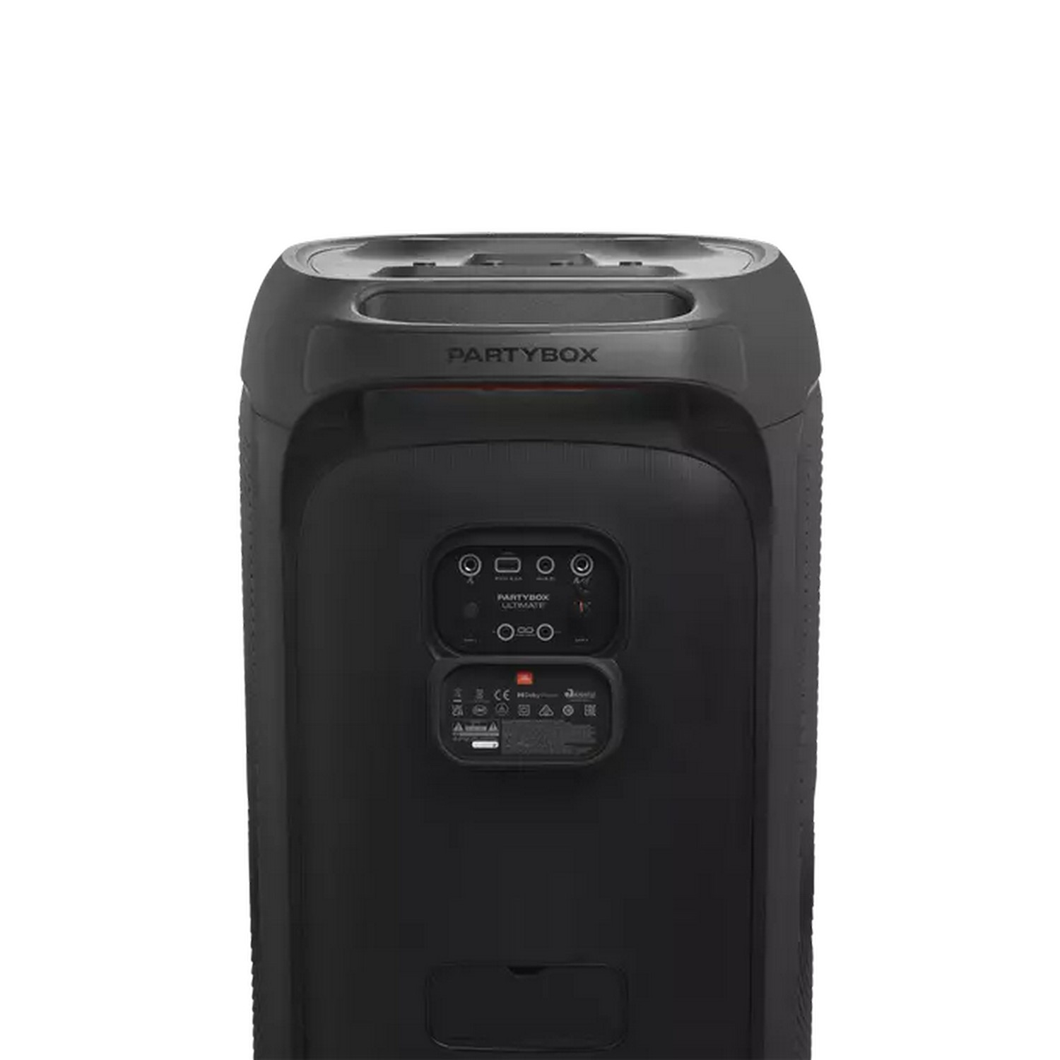 Back view of a black Partybox speaker. It has control buttons and the brand name. White background.