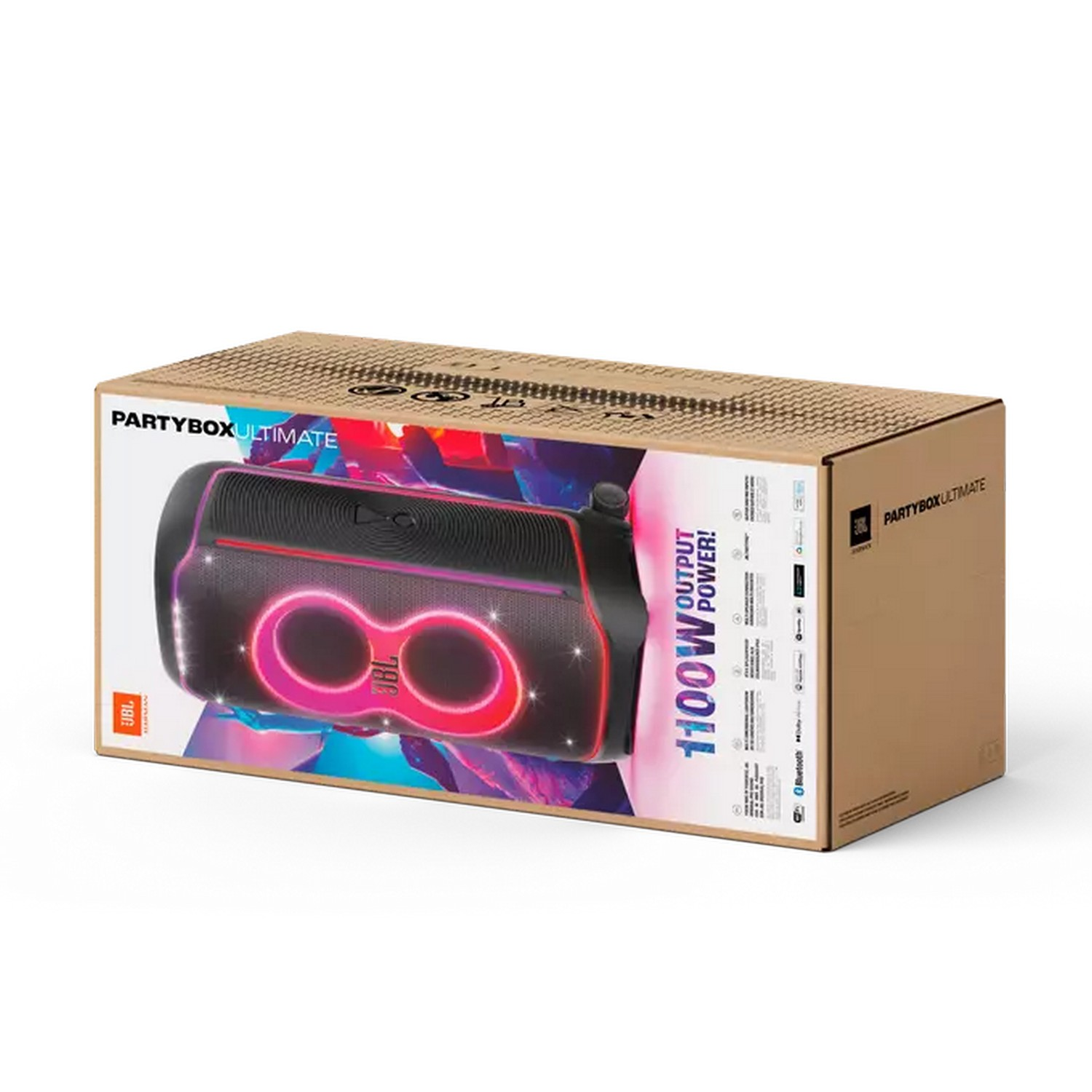 Box for a speaker. The speaker has a colorful design. Words on the box say "PARTYBOX ULTIMATE".