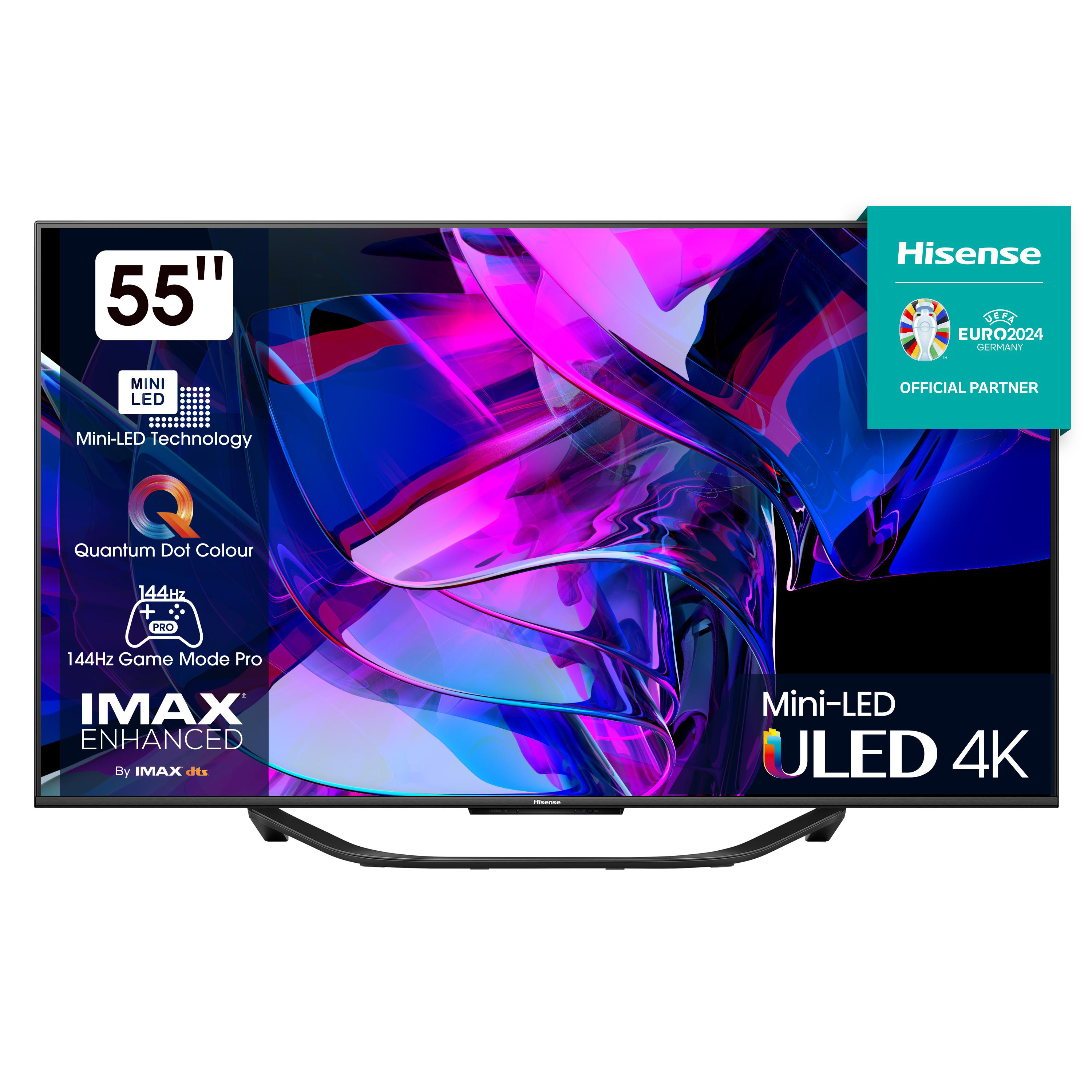55" Hisense Mini-LED ULED 4K Fernseher mit Spielmodus und Farbtechnologie, mit Hisense-Logo.