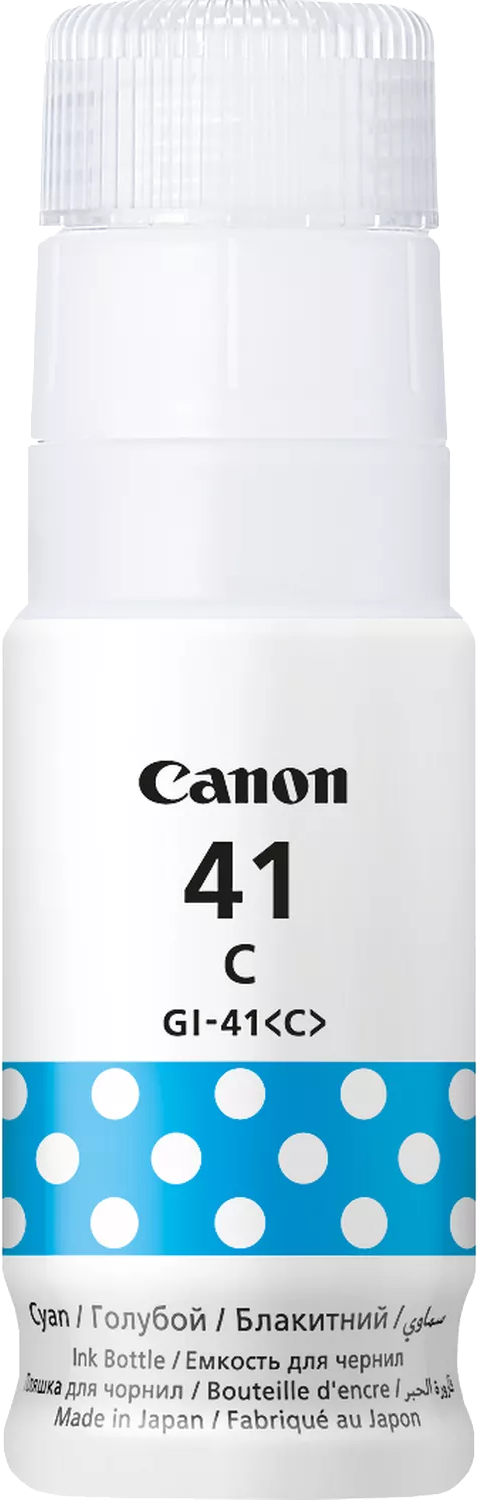 Egy Canon tintásüveg 'Cyan' felirattal, a termék nevével és műszaki részletekkel.