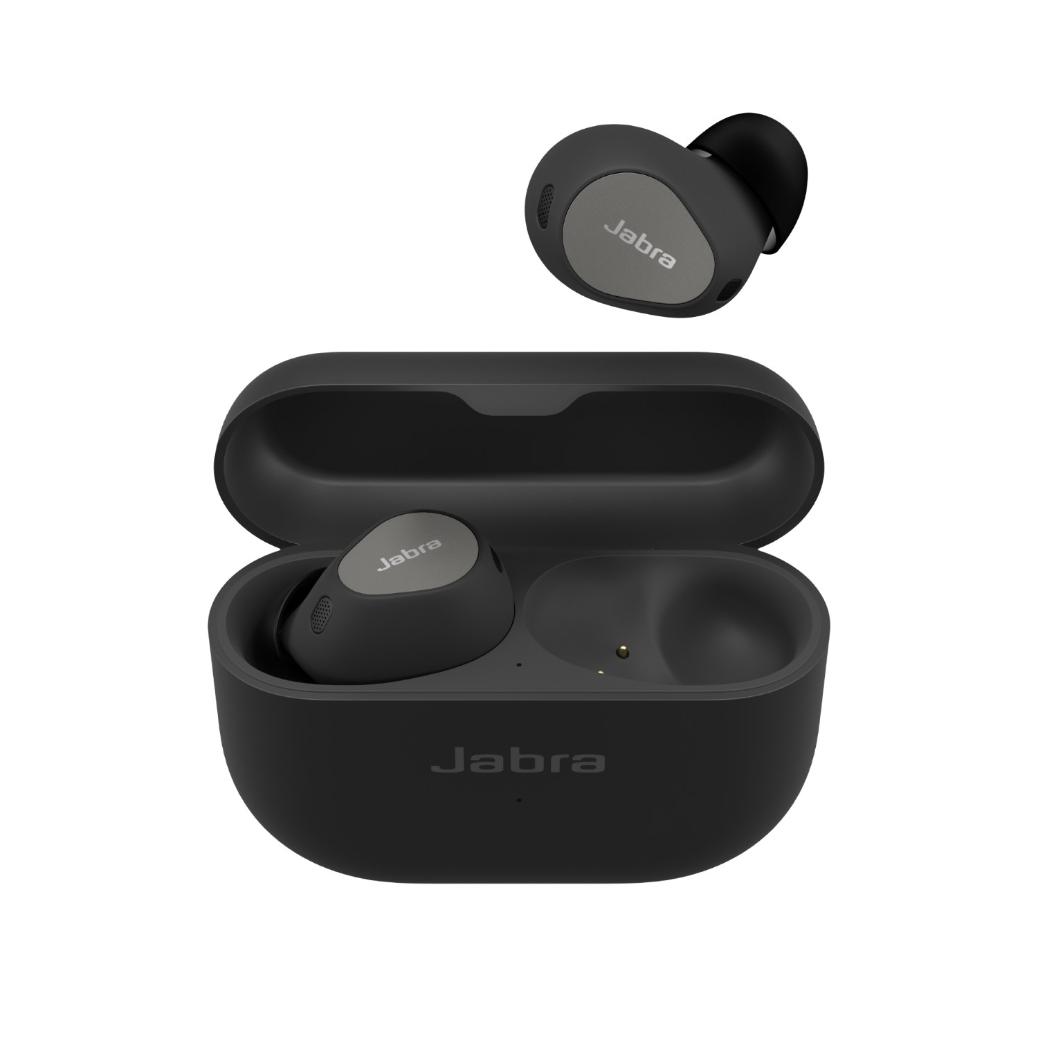 Zwarte oordopjes in een oplaadcase, met een extra oordopje erbovenop. Jabra staat erop.