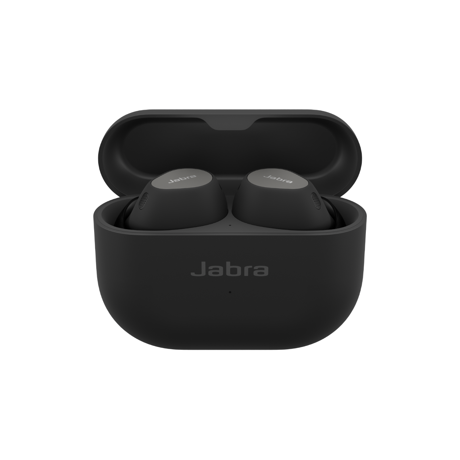 Zwarte oordopjes in een zwarte oplaadcase. Het Jabra-logo is zichtbaar op de case en oordopjes.