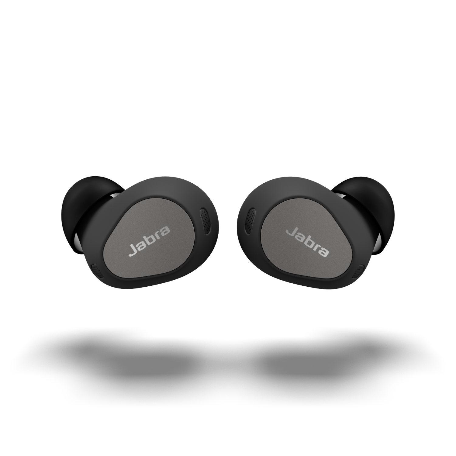 Twee zwarte Jabra oordopjes op een zwarte achtergrond. Het Jabra-logo is zichtbaar op het oordopje.