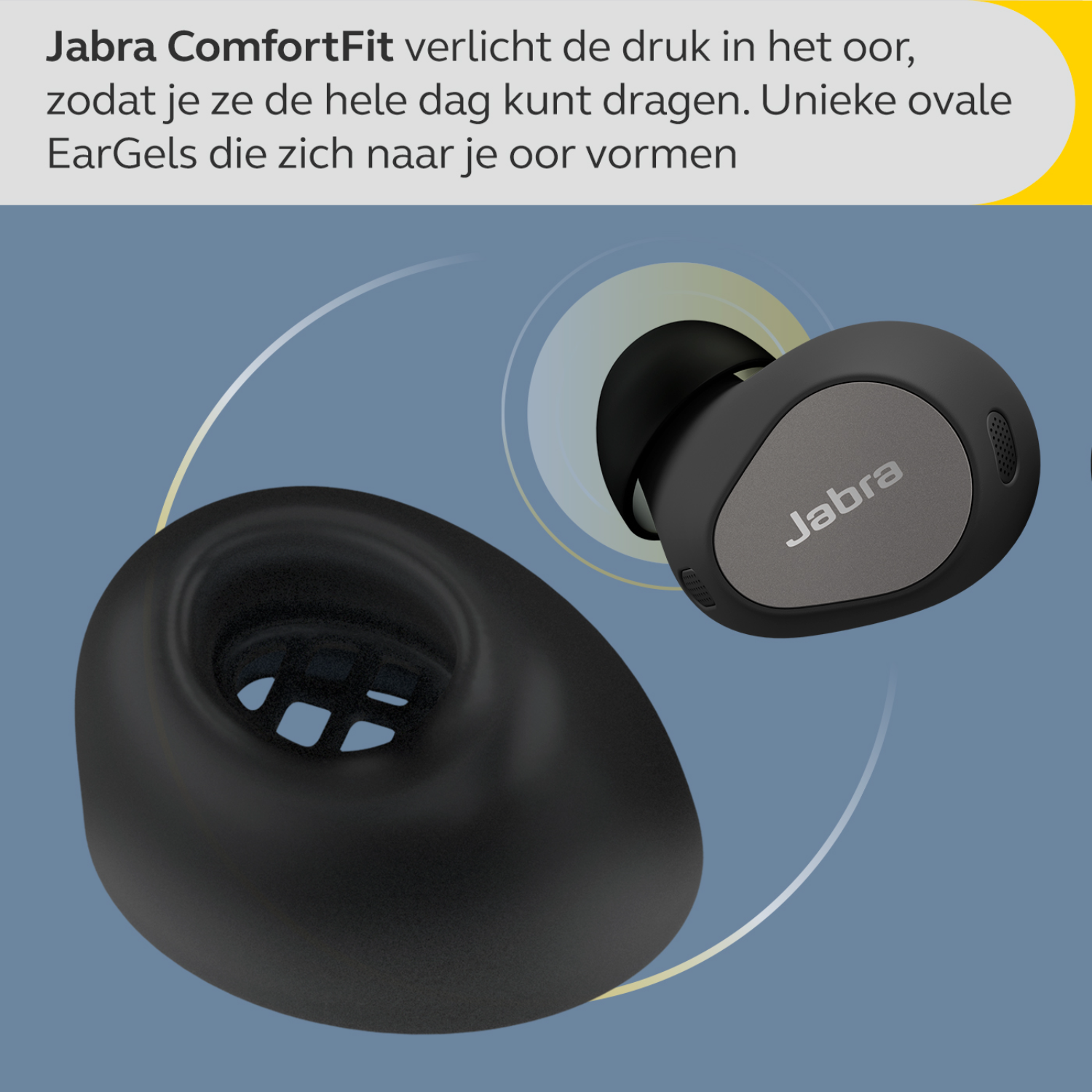 Jabra oordopjes en een oortip, met tekst op een blauwe achtergrond.