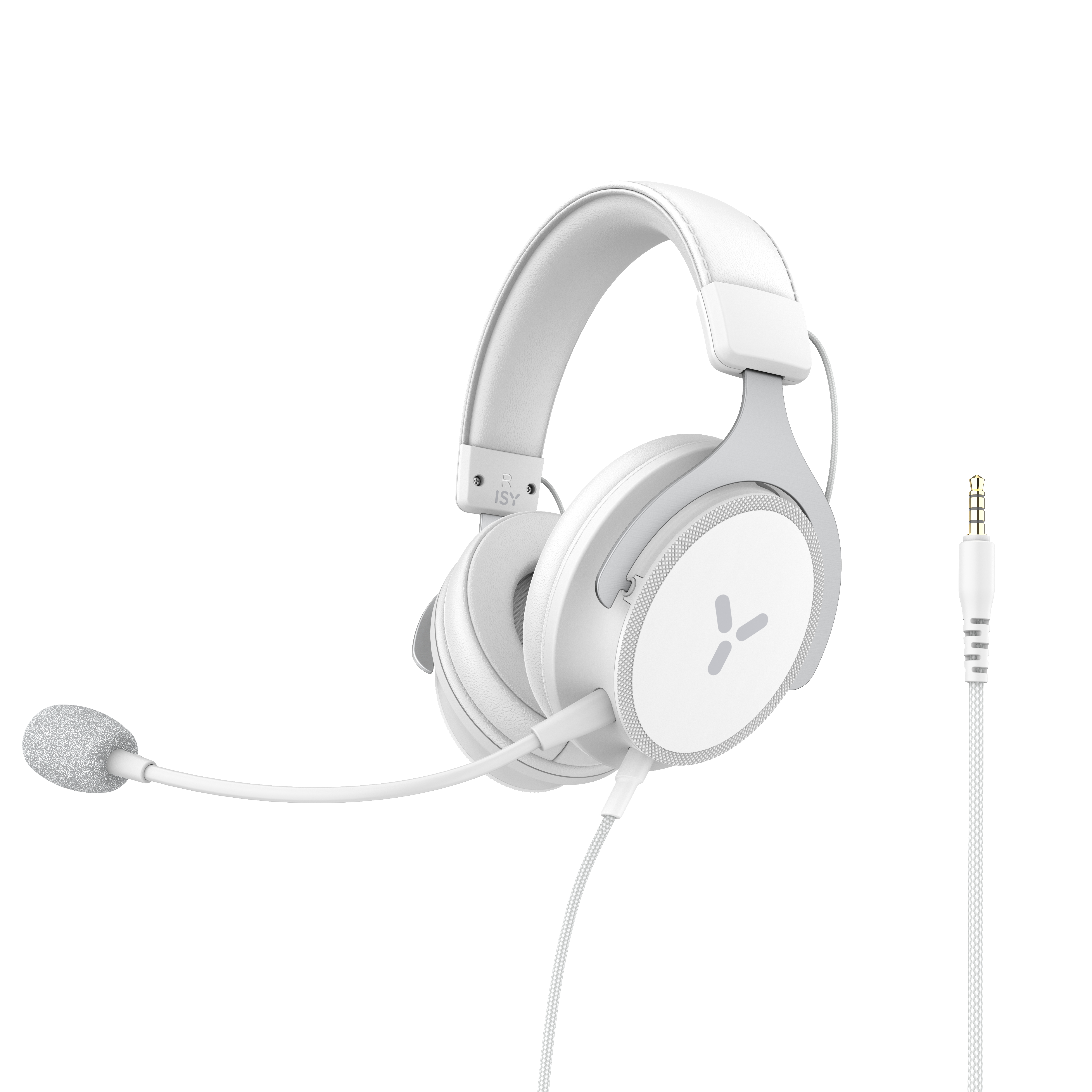 Weißes Gaming-Headset mit Mikrofon, Kabel und 3,5-mm-Anschluss.