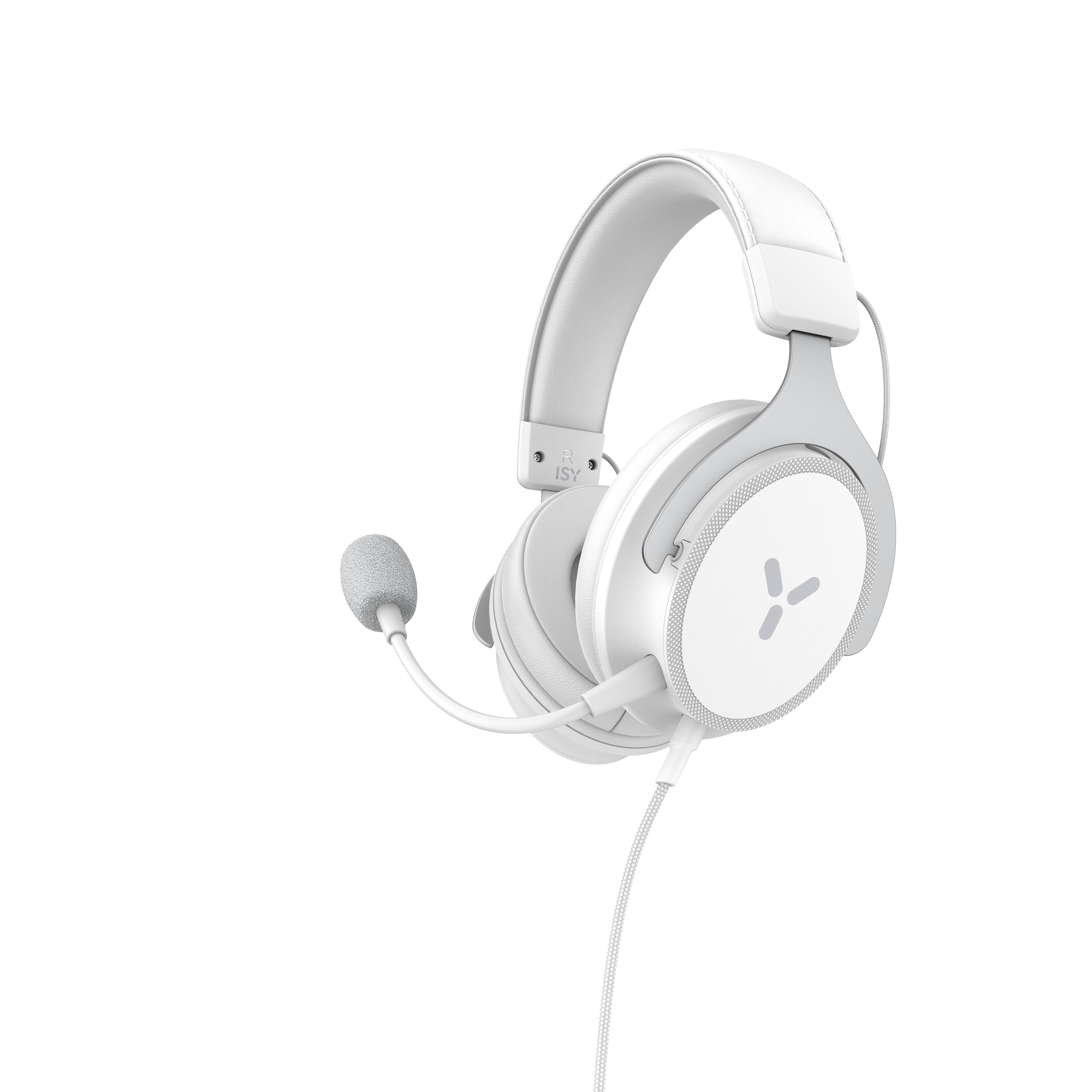 Weißes Gaming-Headset mit Mikrofon, grauen Akzenten und einem Logo auf der Ohrmuschel.