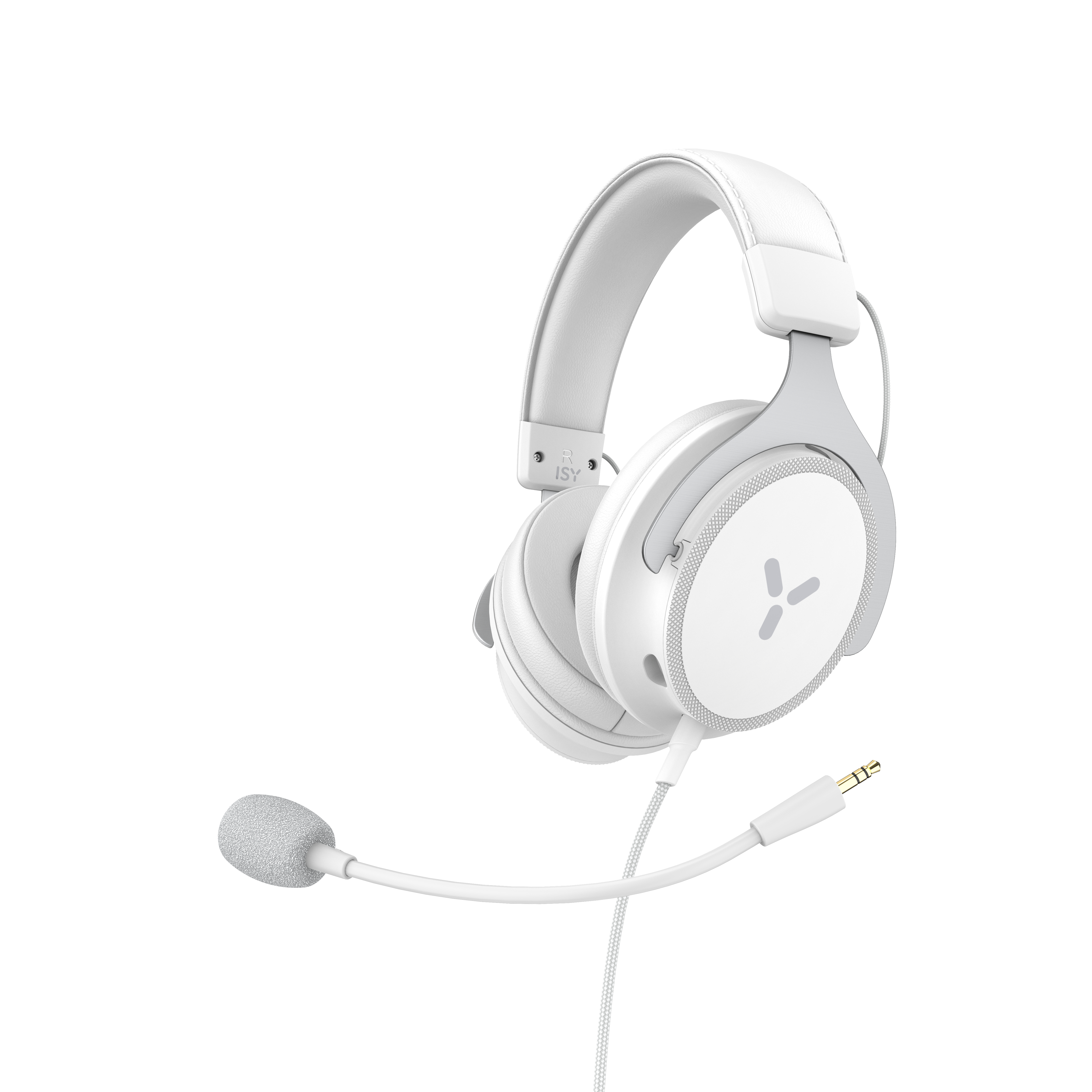 Weißes Gaming-Headset mit Mikrofon. Headset weiß mit grauen Akzenten. Mikrofon ebenfalls weiß.