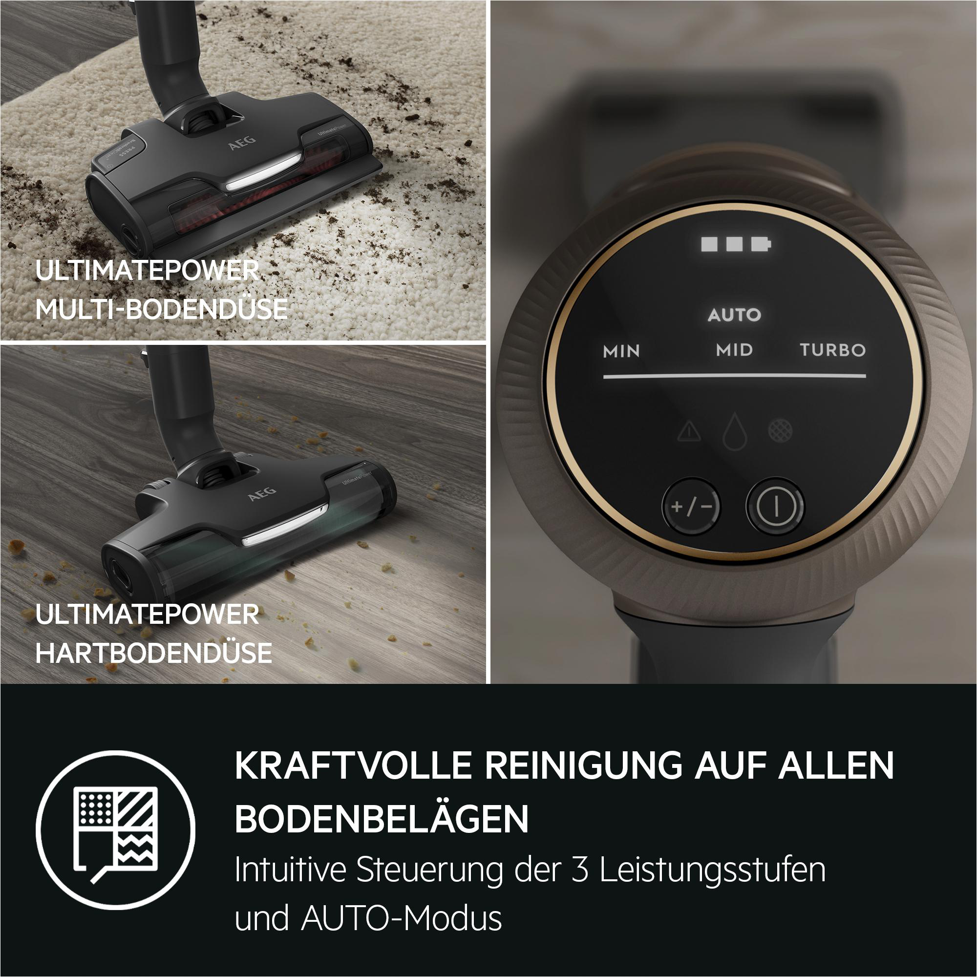 Drei Bilder, die den Kopf und das Bedienfeld eines Staubsaugers mit Text zeigen.