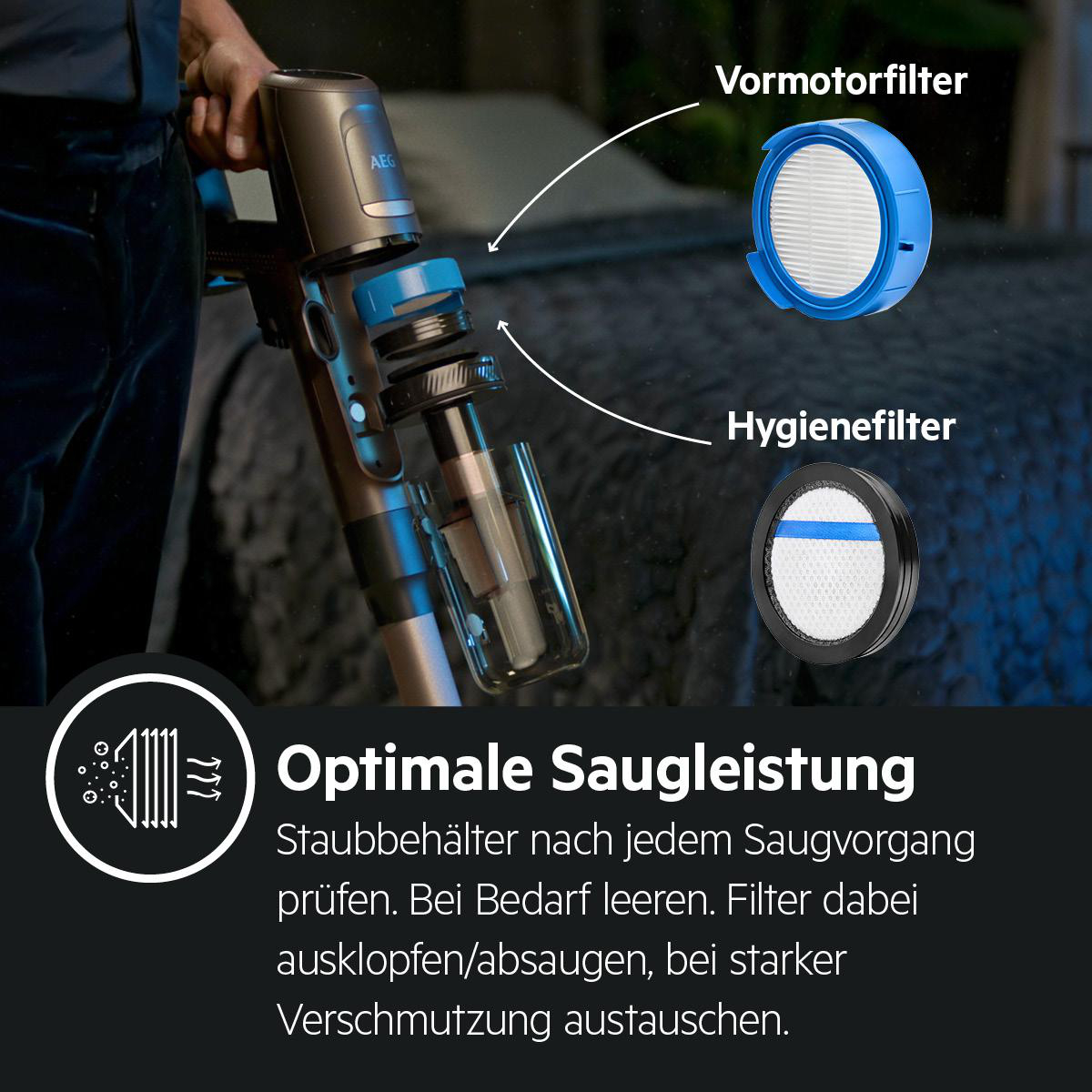 Staubsauger mit Filtern. Text zeigt optimale Saugleistung und Reinigung.
