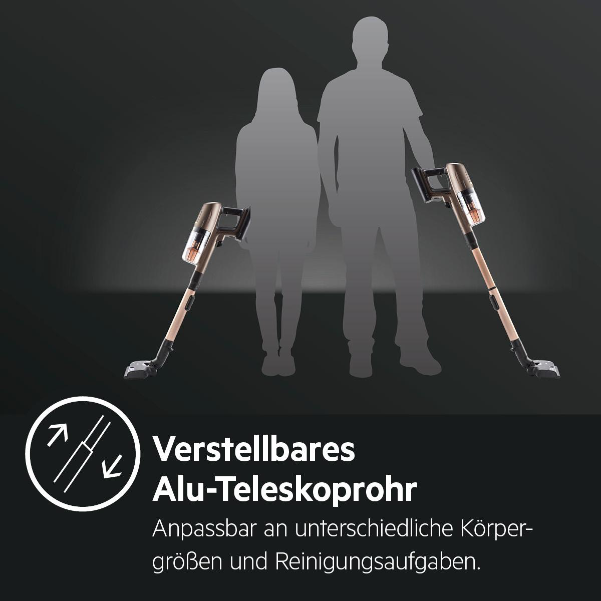 Zwei Silhouetten von Personen und zwei Staubsaugern. Text sagt: Verstellbares Teleskoprohr für Körpergröße.