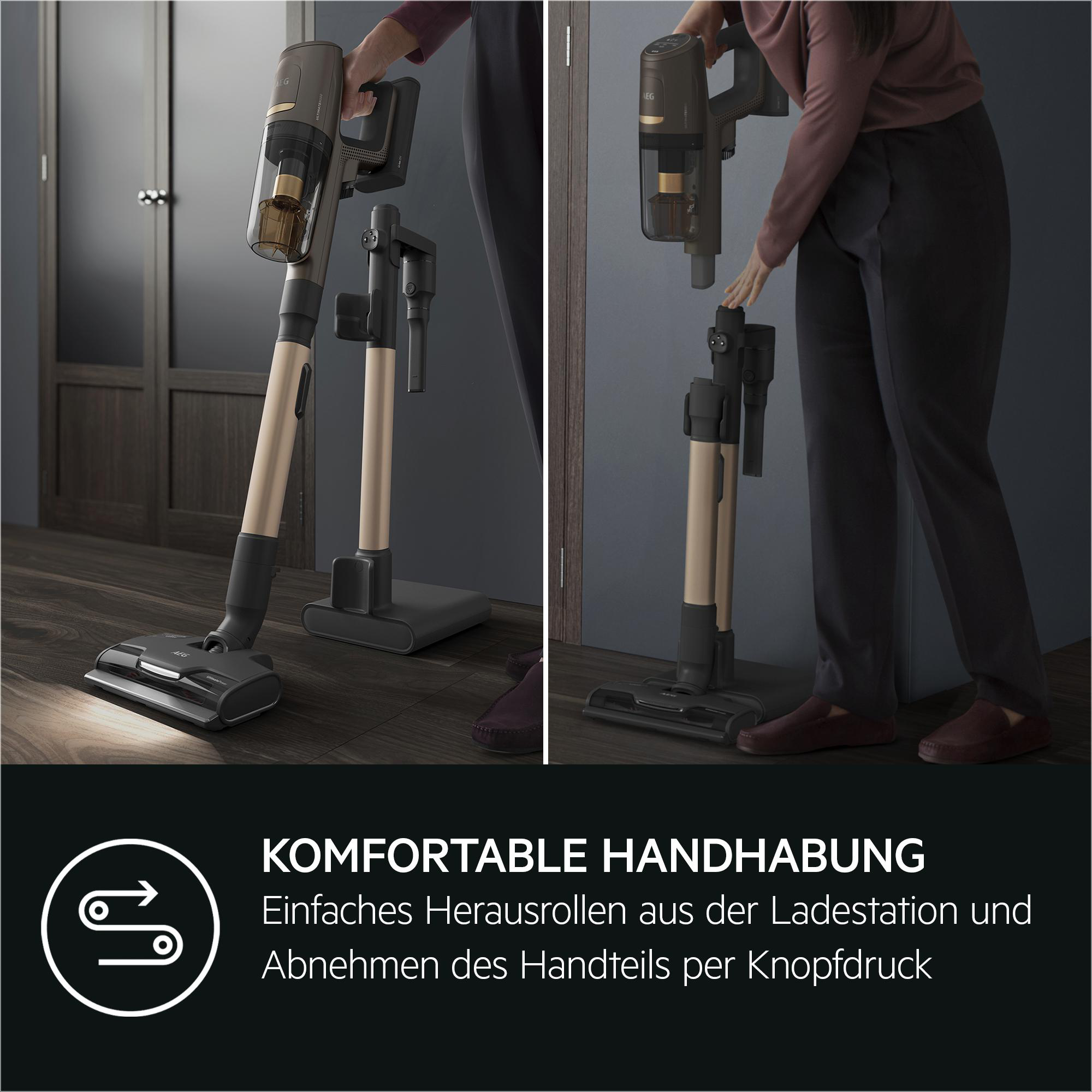 Zwei Bilder eines kabellosen Staubsaugers, der von einer Person zusammengebaut und benutzt wird.