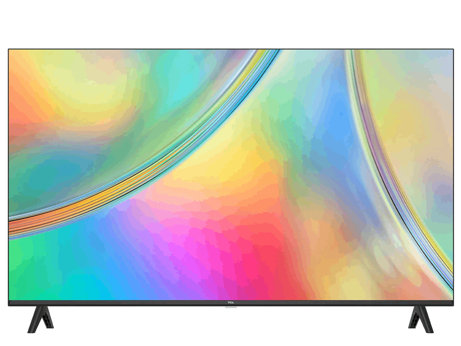 Una pantalla de TV TCL con un fondo abstracto colorido y marco negro.