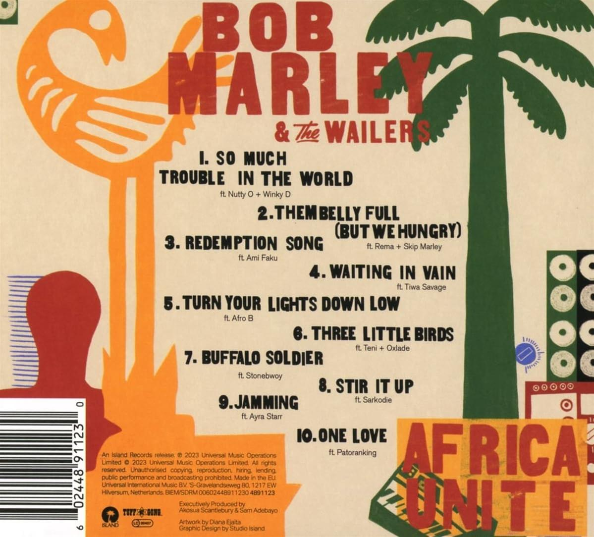Bob Marley & The Wailers album borítója, dalcímekkel, pálmafával és élénk dizájnnal.