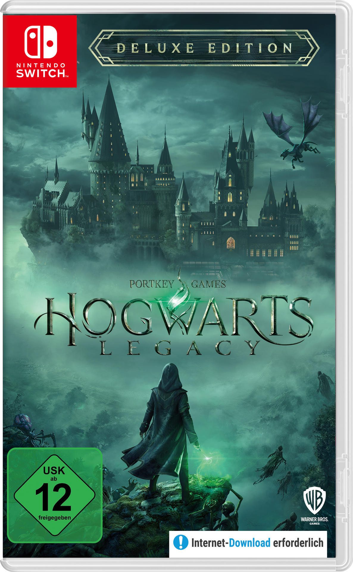 Hogwarts Legacy Deluxe Edition Nintendo Switch-Spielcover. Eine Kapuzenfigur steht vor einem Schloss.