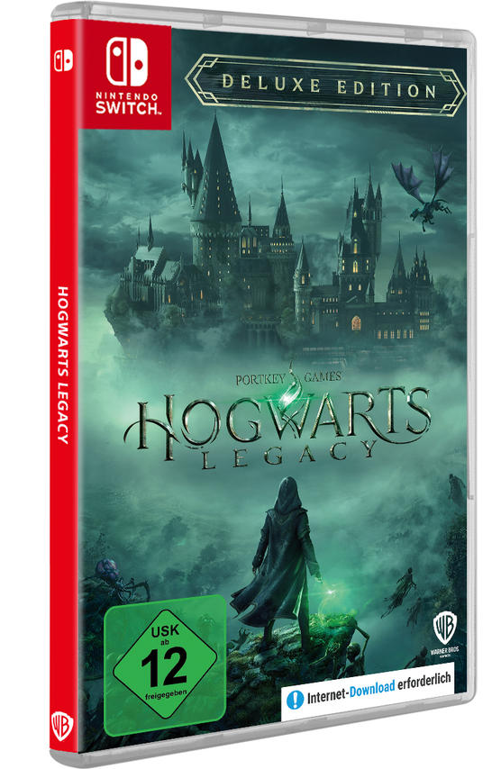 Nintendo Switch Spielbox. Hogwarts Legacy Deluxe Edition. Zeigt Hogwarts Schloss. Eine Figur steht vor dem Schloss.