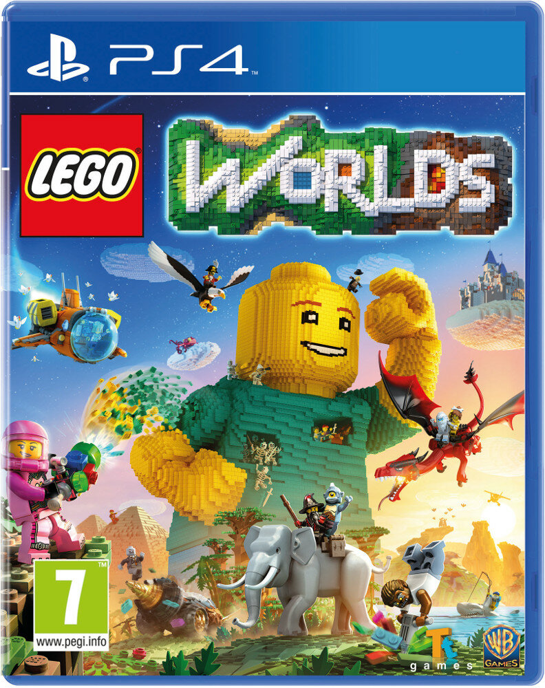 Pudełko z grą wideo z postacią Lego i dużym człowiekiem Lego. Tytuł gry to Lego Worlds.