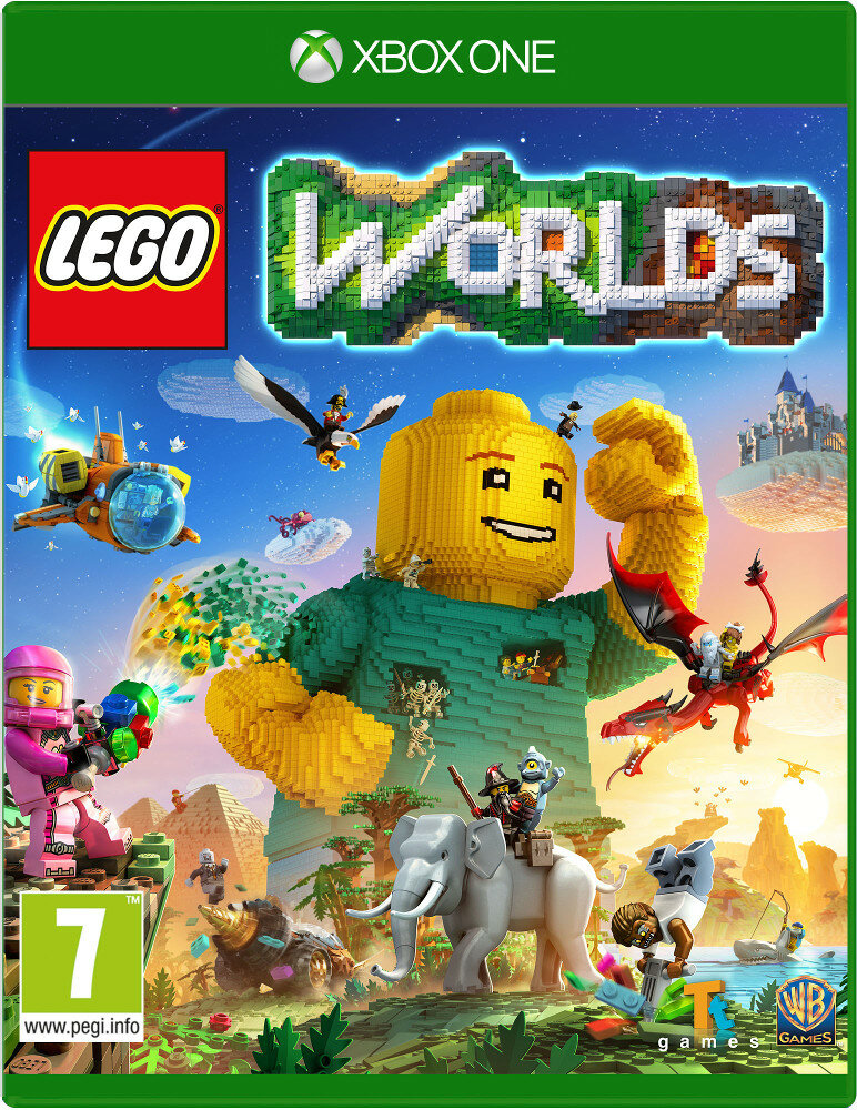 Pudełko gry Lego Worlds na Xbox One z figurkami Lego i fantastycznymi scenami.
