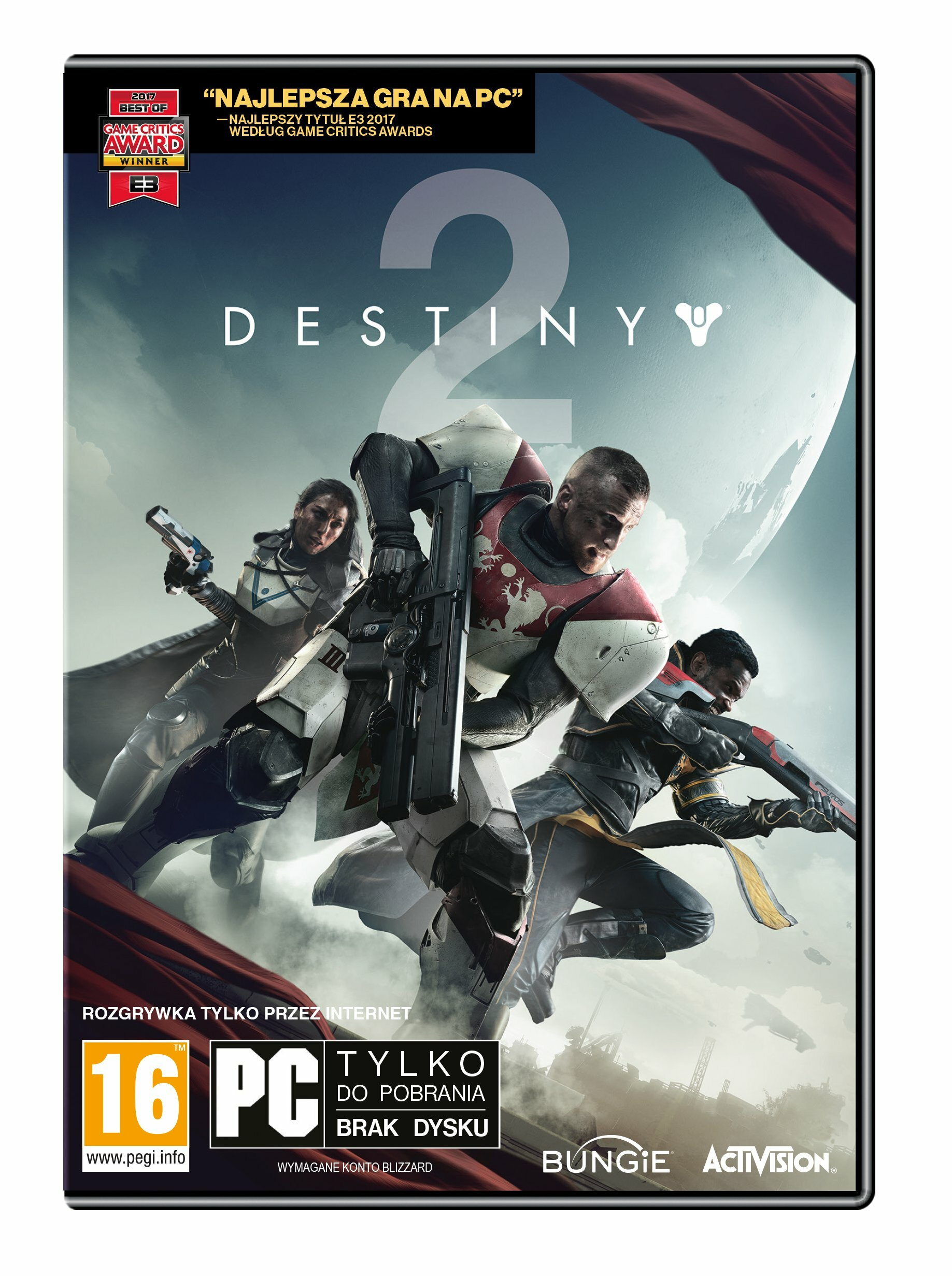 Okładka Destiny 2. Trzy opancerzone postacie z bronią na tle chmur. Tytuł jest widoczny.