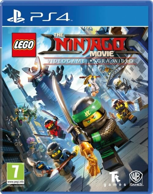 Pudełko z grą wideo LEGO Ninjago Movie. Ninja i roboty walczą. Tytuł na froncie pudełka.