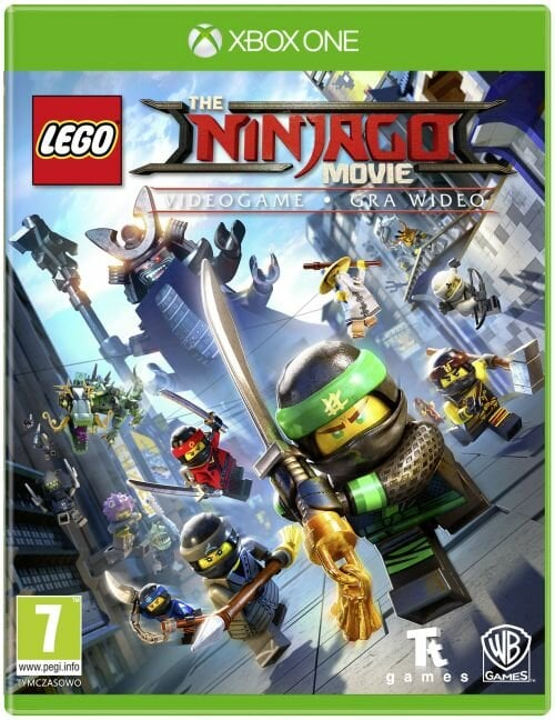 Okładka gry Lego Ninjago z ninja w akcji i tytułem gry. Zielone pudełko Xbox One.