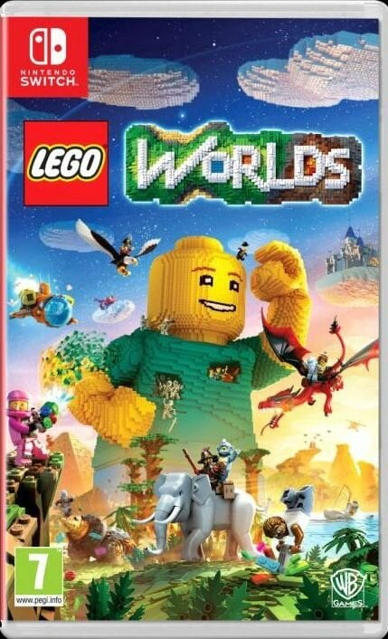 Grafika pudełka gry Lego Worlds z postacią Lego w kolorowym krajobrazie.