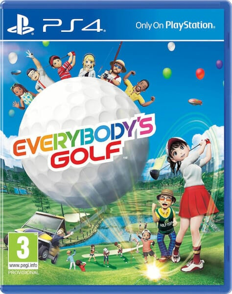 Okładka gry PS4 „Everybody's Golf” z postaciami z kreskówek na polu golfowym.