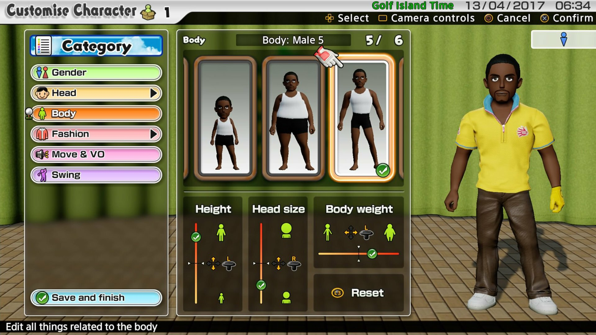 Golf Island Time dostosowywanie postaci. Opcje ciała męskiej postaci. Interfejs z opcjami i przyciskiem zapisz.