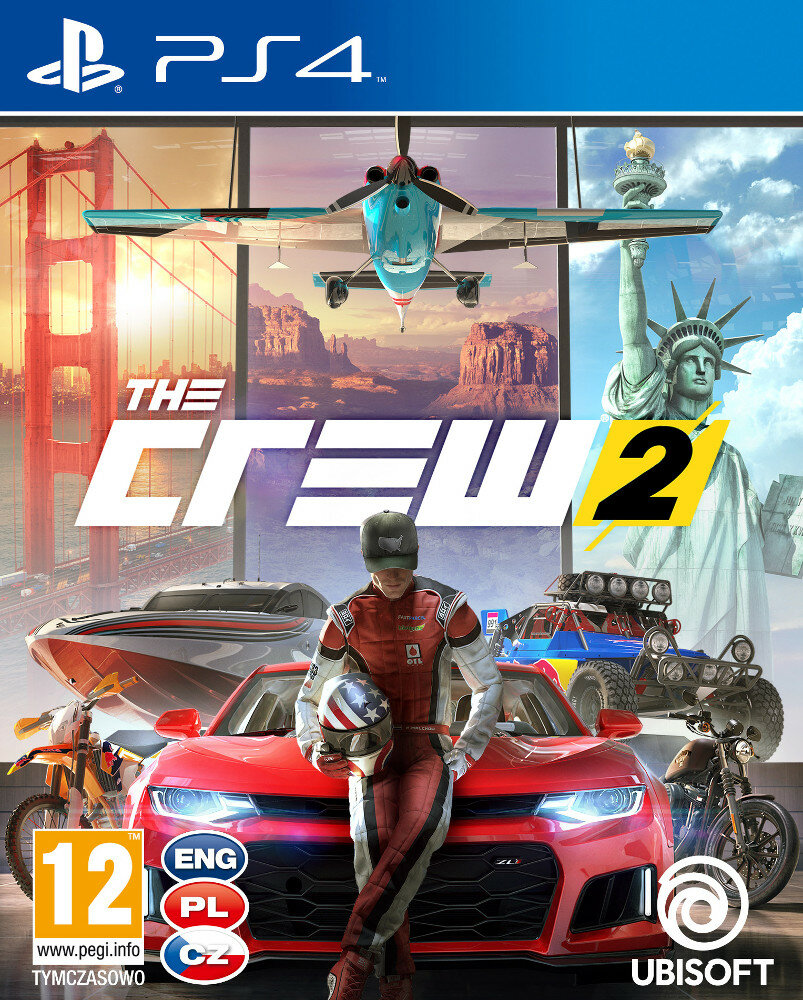 Okładka gry na PS4: The Crew 2, z czerwonym samochodem, samolotem i Statuą Wolności.