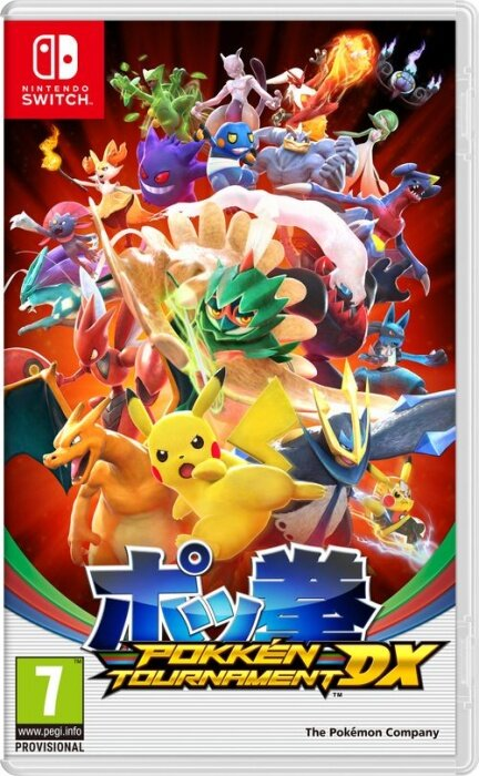 Okładka gry Pokken Tournament DX. Różne postacie Pokémon w akcji, z tytułem gry.