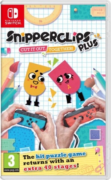 Okładka gry na Nintendo Switch: Snipperclips Plus, z wyciętymi kształtami i dłońmi.
