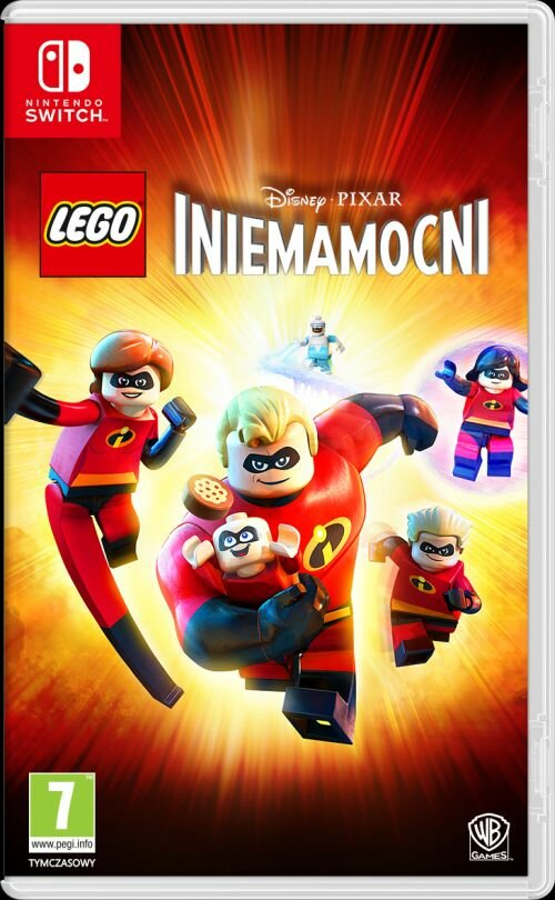 Okładka gry Lego Iniemamocni z postaciami w akcji na tle ognistego tła. Widoczne logo Nintendo Switch.