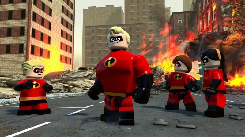 Postacie Lego z filmu Iniemamocni stoją na zniszczonej drodze. Ogień w tle.