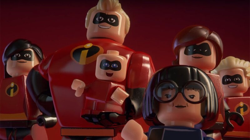 Rodzina Lego Iniemamocnych. Pan Iniemamocny, Elastyna i dzieci w czerwonych strojach.