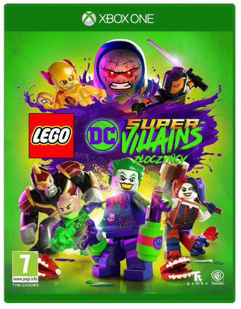 Okładka gry Lego DC Super-Villains z postaciami Lego. Zielone tło.