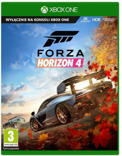 Okładka gry Forza Horizon 4 Xbox One z samochodem jadącym po drodze z jesiennymi liśćmi.