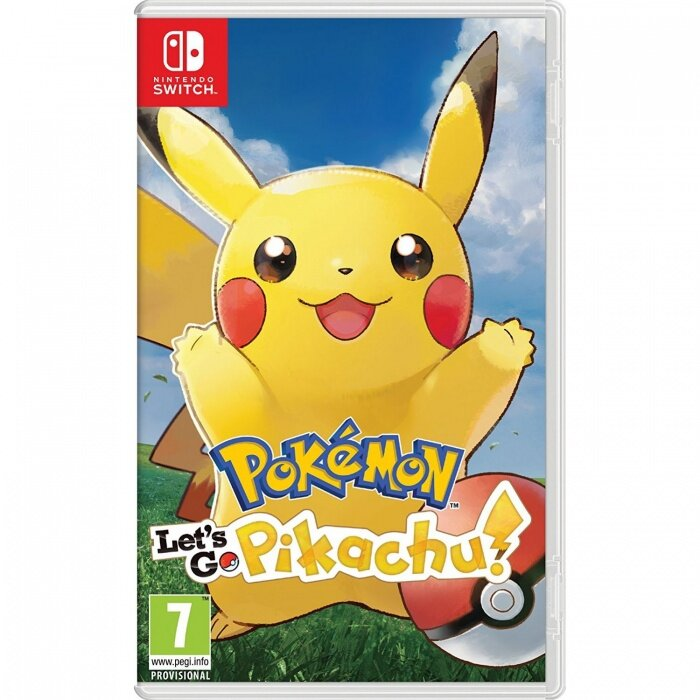 Opakowanie gry Nintendo Switch. Pikachu jest z przodu. Tekst głosi 'Let's Go Pikachu!'