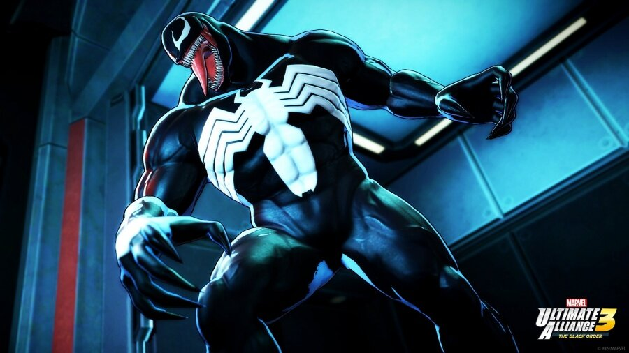 Venom, postać z Marvela, w dynamicznej pozie, z białym emblematem pająka na czarnym kostiumie i czerwonym językiem.