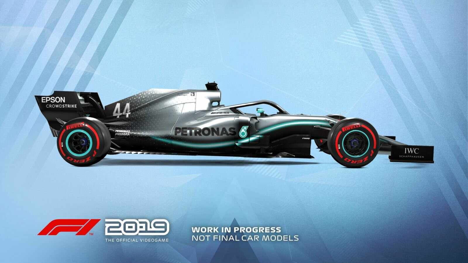 Srebrno-czarny samochód F1 z 2019 roku z logo Petronas na jasnoniebieskim tle.