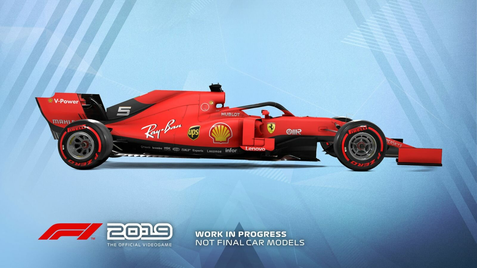 Czerwony samochód wyścigowy F1 z logo sponsorów na niebiesko-białym tle, z logo gry.