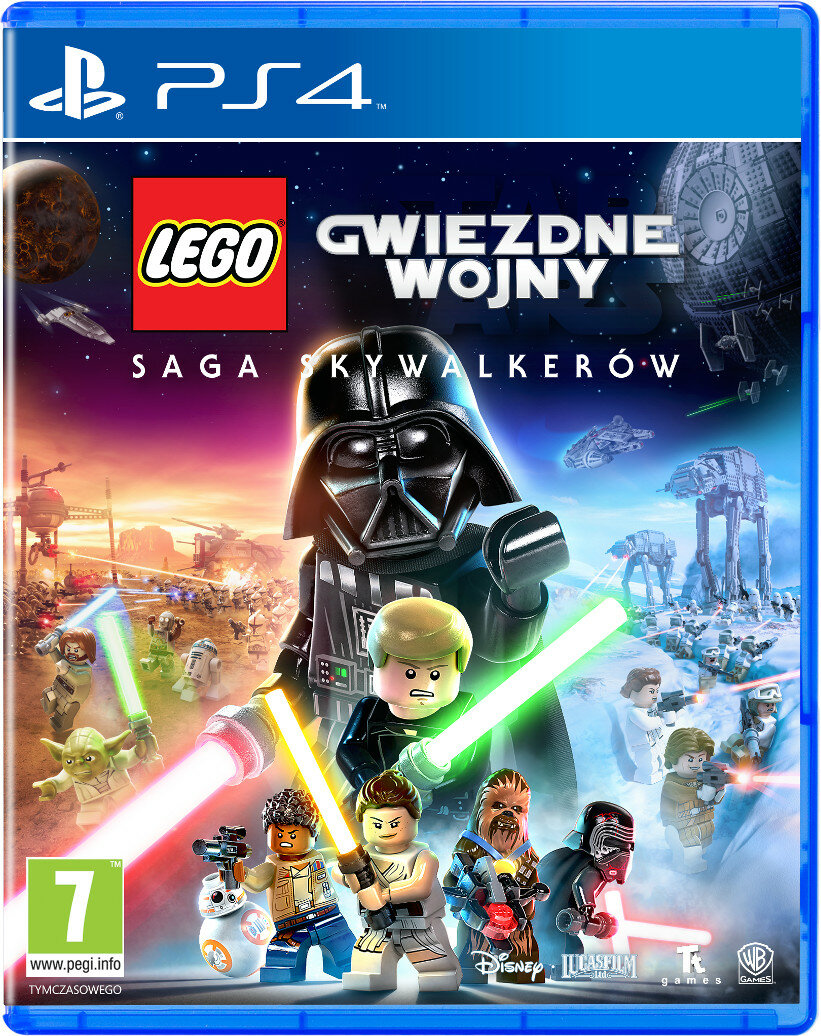 Okładka gry Lego Star Wars z Darthem Vaderem, mieczami świetlnymi i postaciami.